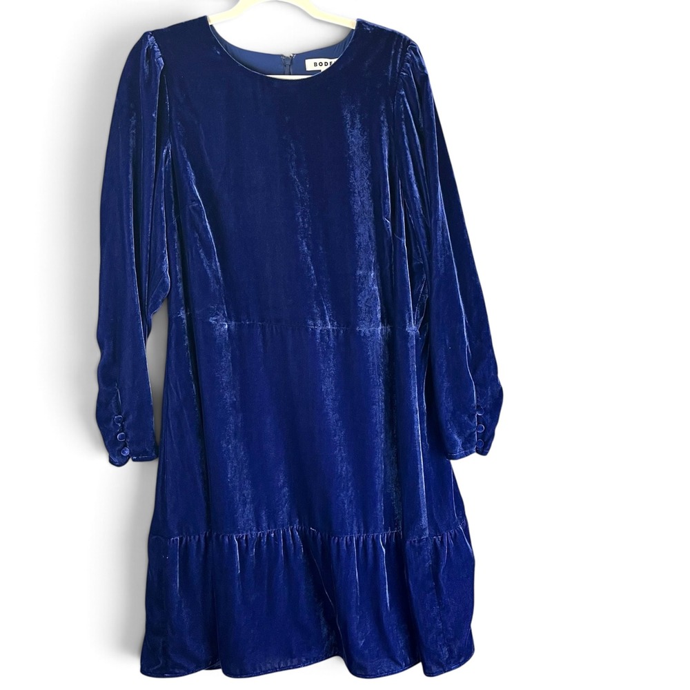 Boden Blue Velvet Tiered Ruffle Shift Dress Long Sleeve US 16 18 R UK 20R
